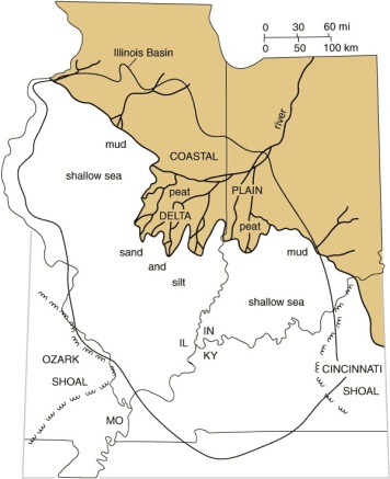 Paleogeography of the Illinois-Indiana region during Pennsylvanian time. The diagram shows a Pennsylvanian river delta and the position of the shoreline and the sea at an instant of time during the Pennsylvanian Period.   Illinois State Geological Survey.